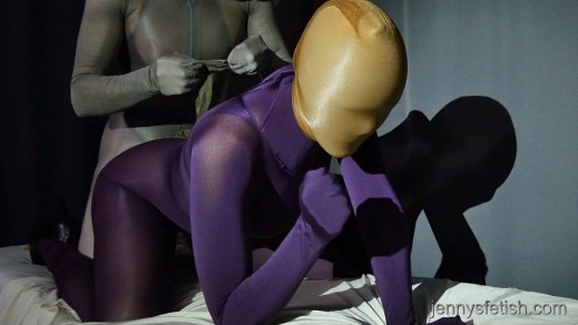 The Fucker In Silver Pantyhose Encasement And 10 Nylons On Jenny`s Head